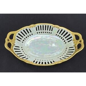 Antique 1920’s Oval China Trinket Candy Dish Iridescent Gold Trim Marked FDJ A85